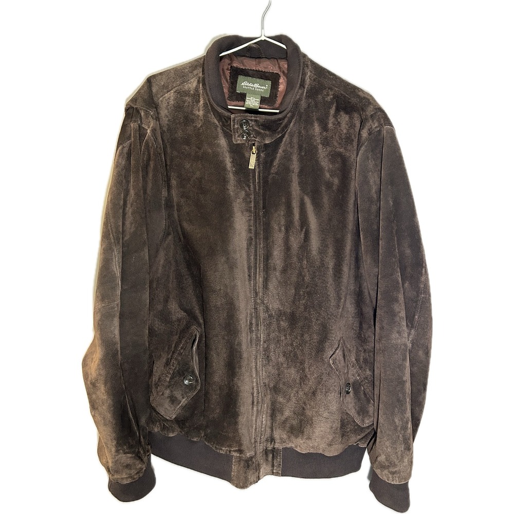 Eddie Bauer Seattle Suede Brown Leather Bomber Jacket Mens XL Full Zip Mock Neck